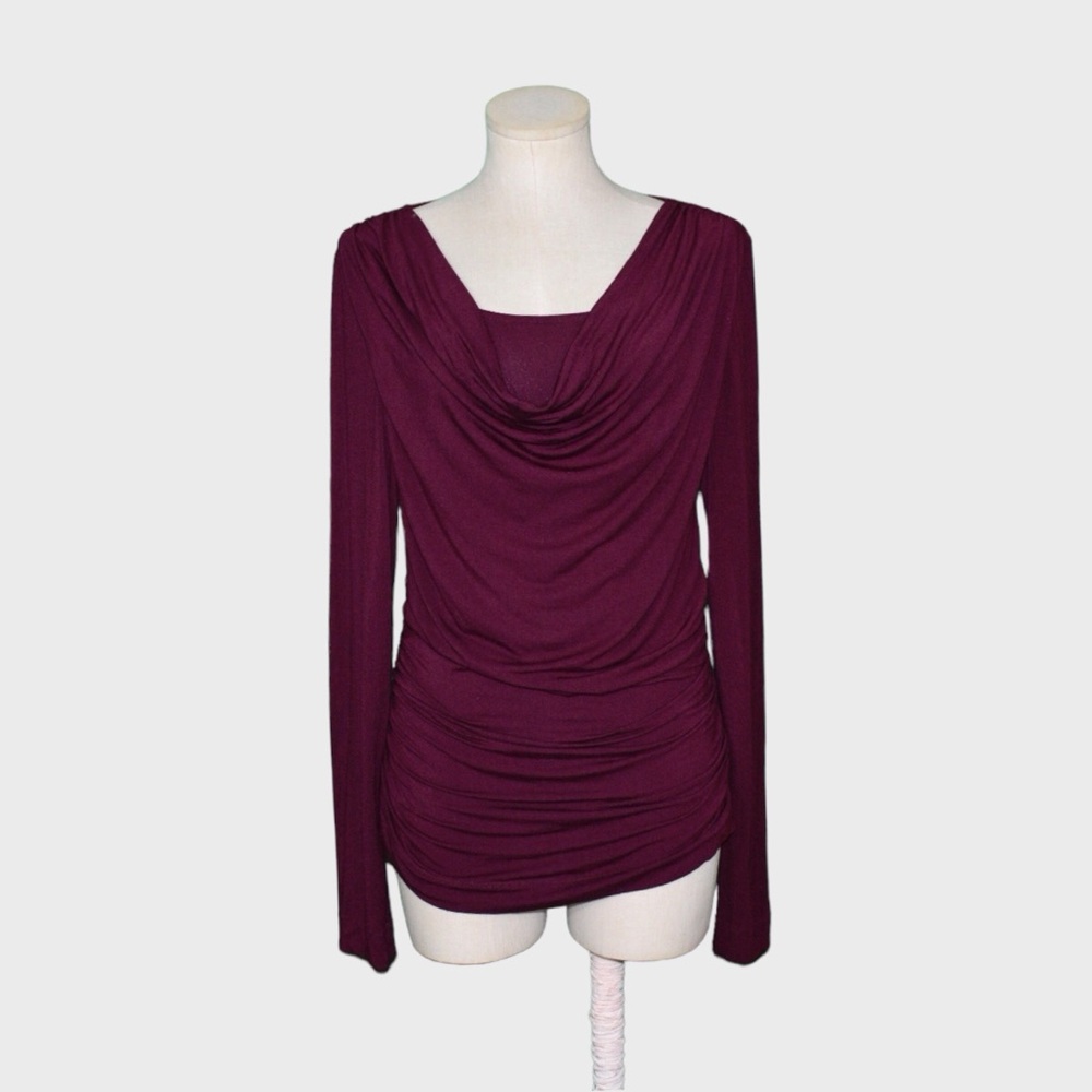 CAbi 570 Lola Merlot Draped Cowl Neck Ruchedā Long Sleeve Top